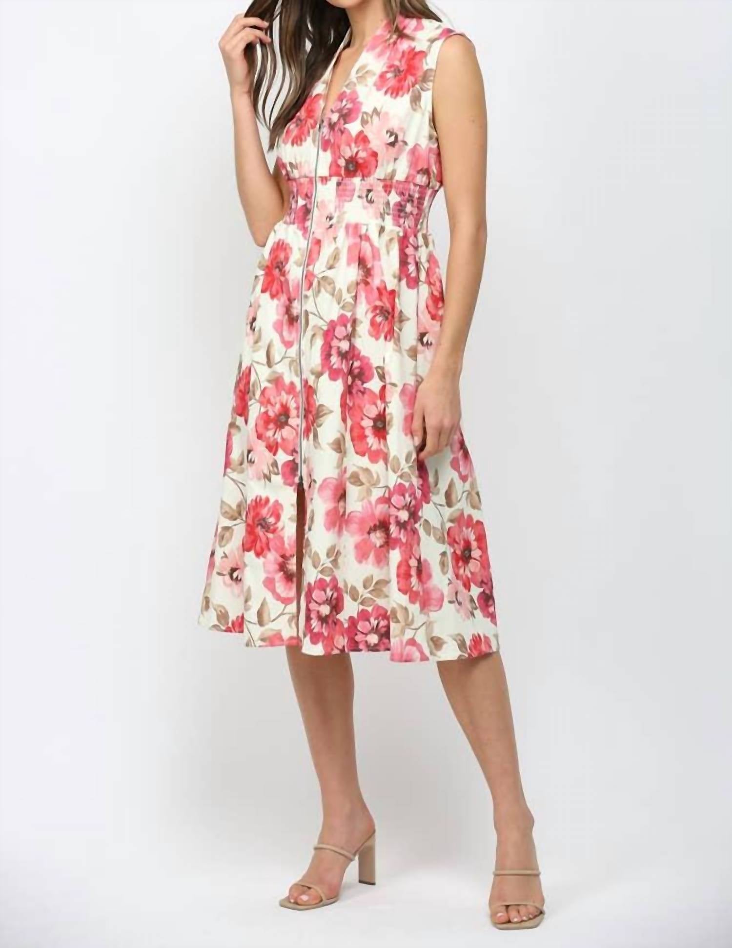 Fate - Floral Smocked Waist Front Zip Dress