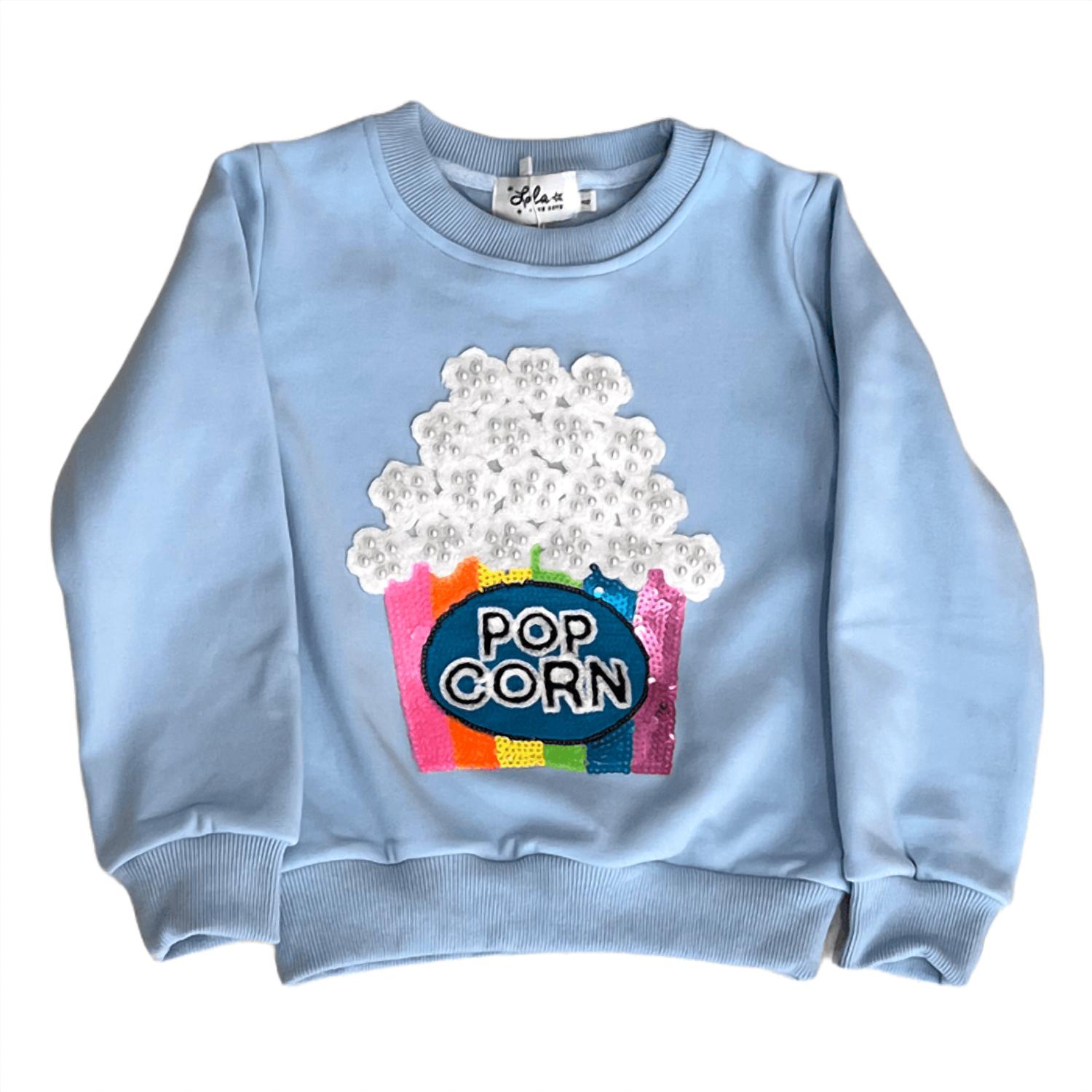 Lola + The Boys Pearls and Popcorn Sweatshirt in light blue - kids' shirt - alternate view