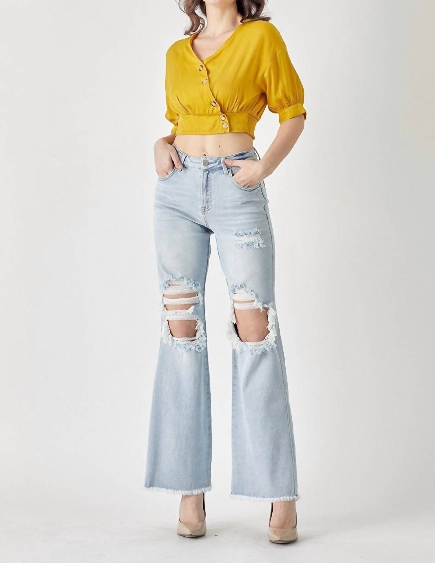 RISEN High Rise Distressed Wide Leg Dad Jeans in light - women's jeans - view 5