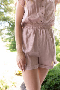 GRADE & GATHER Breezy Elegance Ruffle Linen Romper in pink - women's pants - alternate view