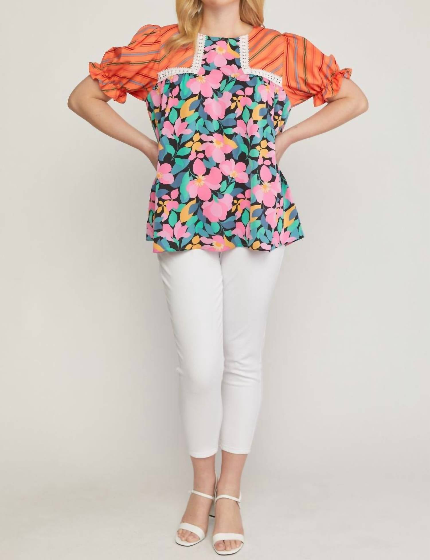 Entro - Mixed Print & Lace Blouse - Plus