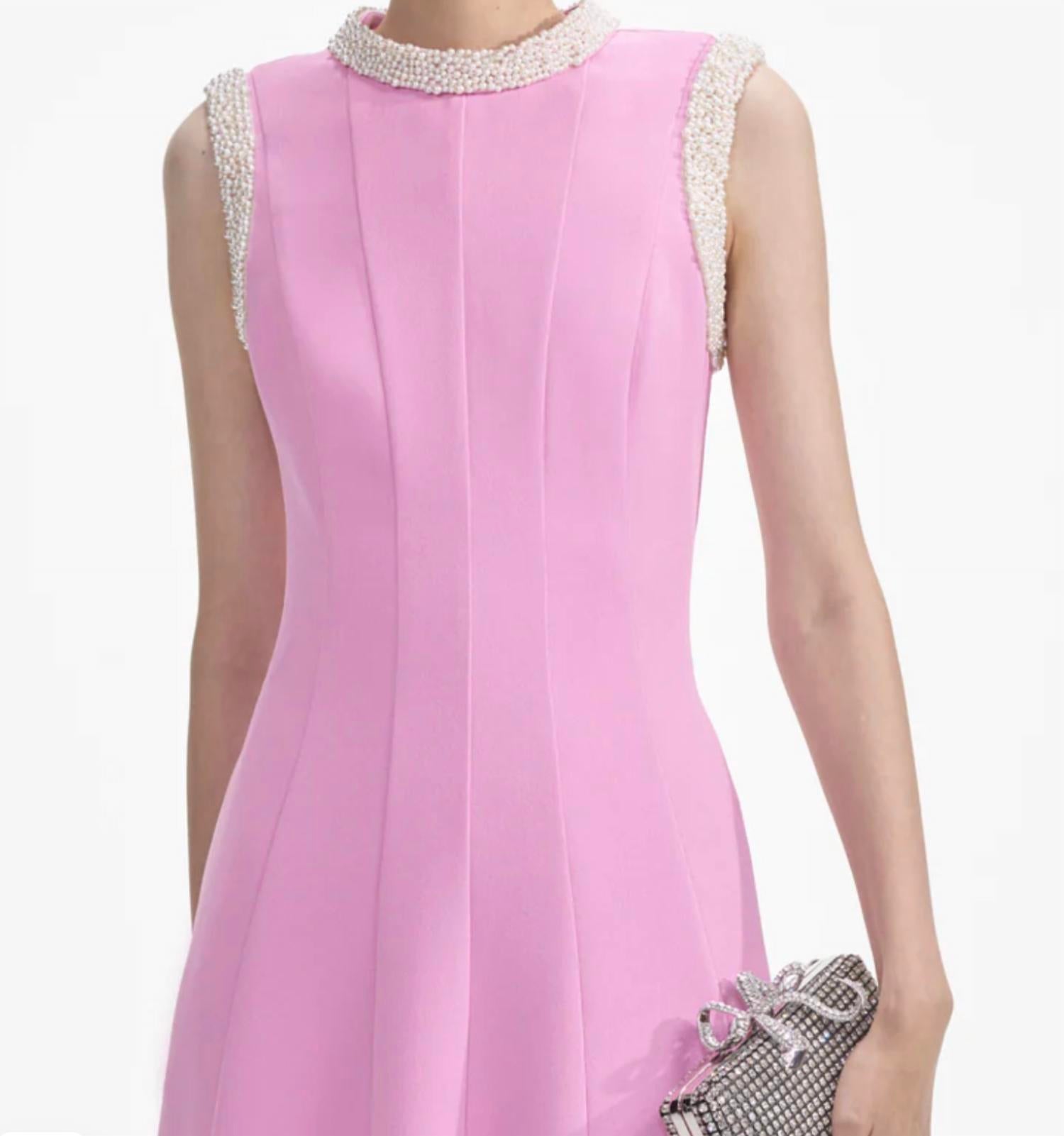Self-Portrait - Pink Crepe Pearl Trim Dress