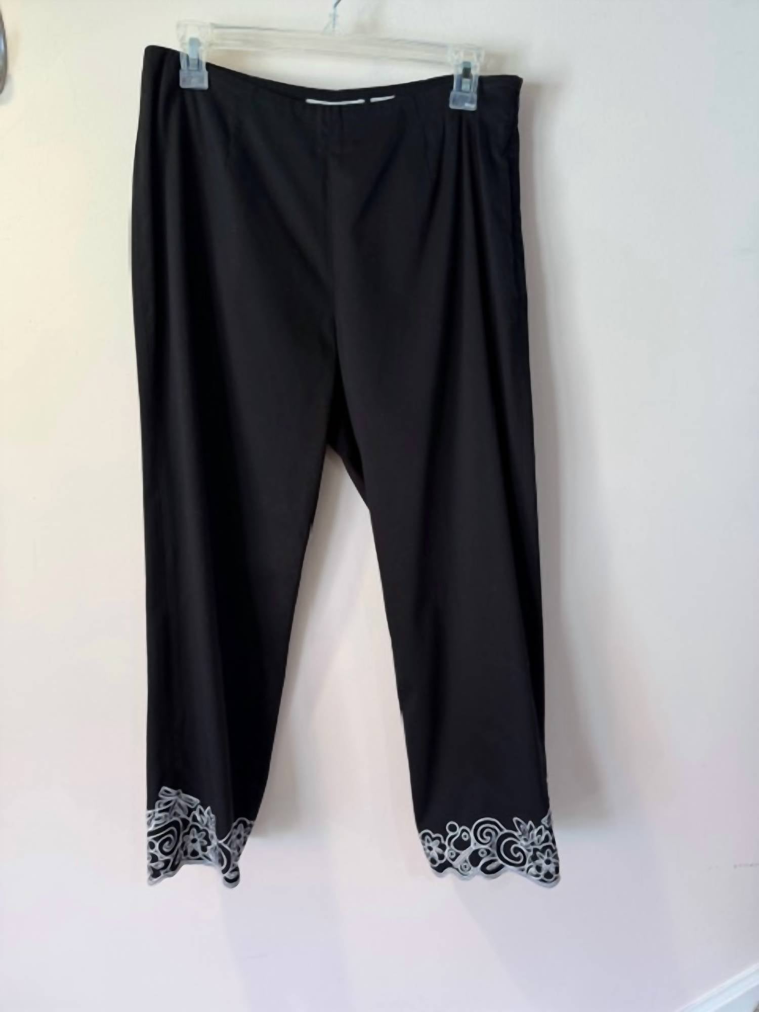 Ann Trinity Women's Embroidered Hem Side Zip Crop Pant in black with white trim - women's pants