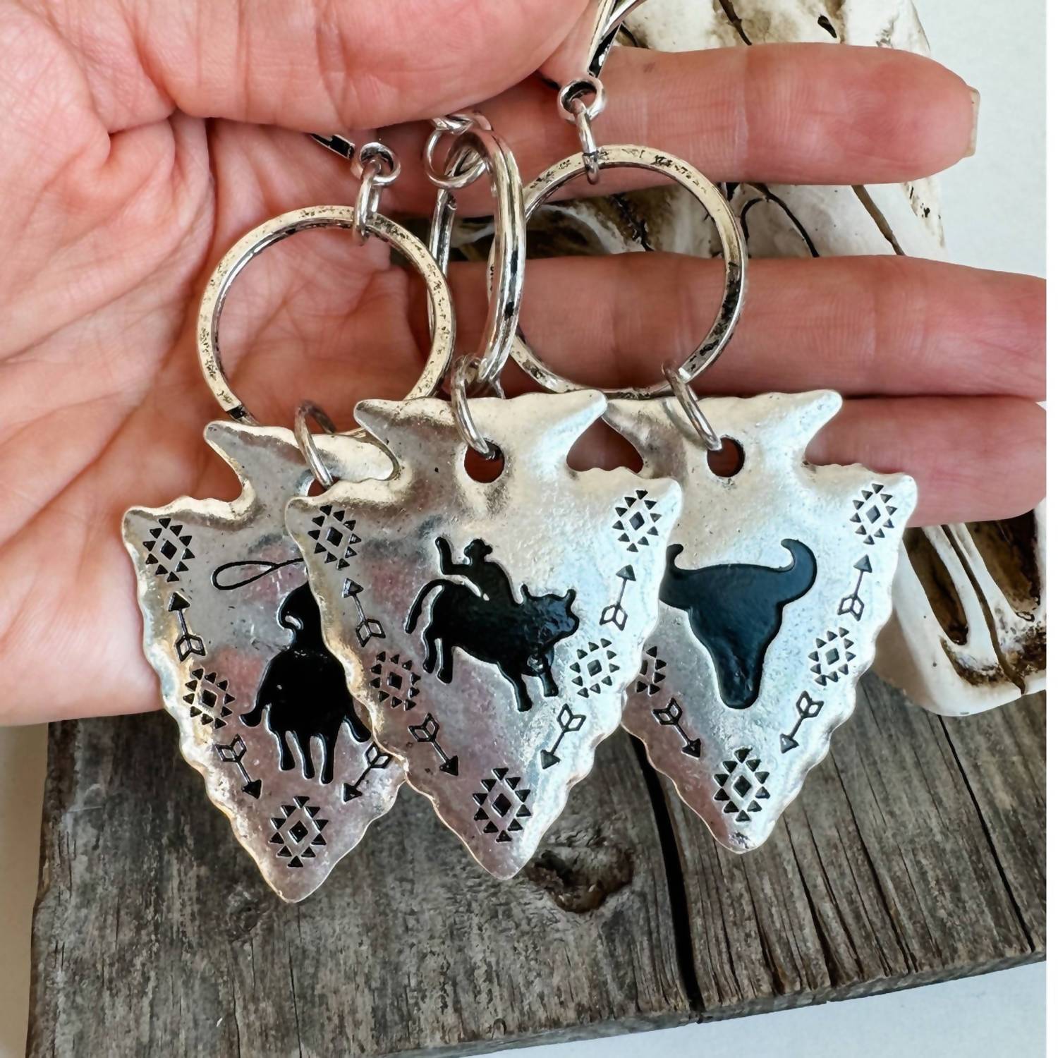 Boho Ranch Women's Aztec Arrowhead & Steer Keychain in silver - women's accessory - detail view
