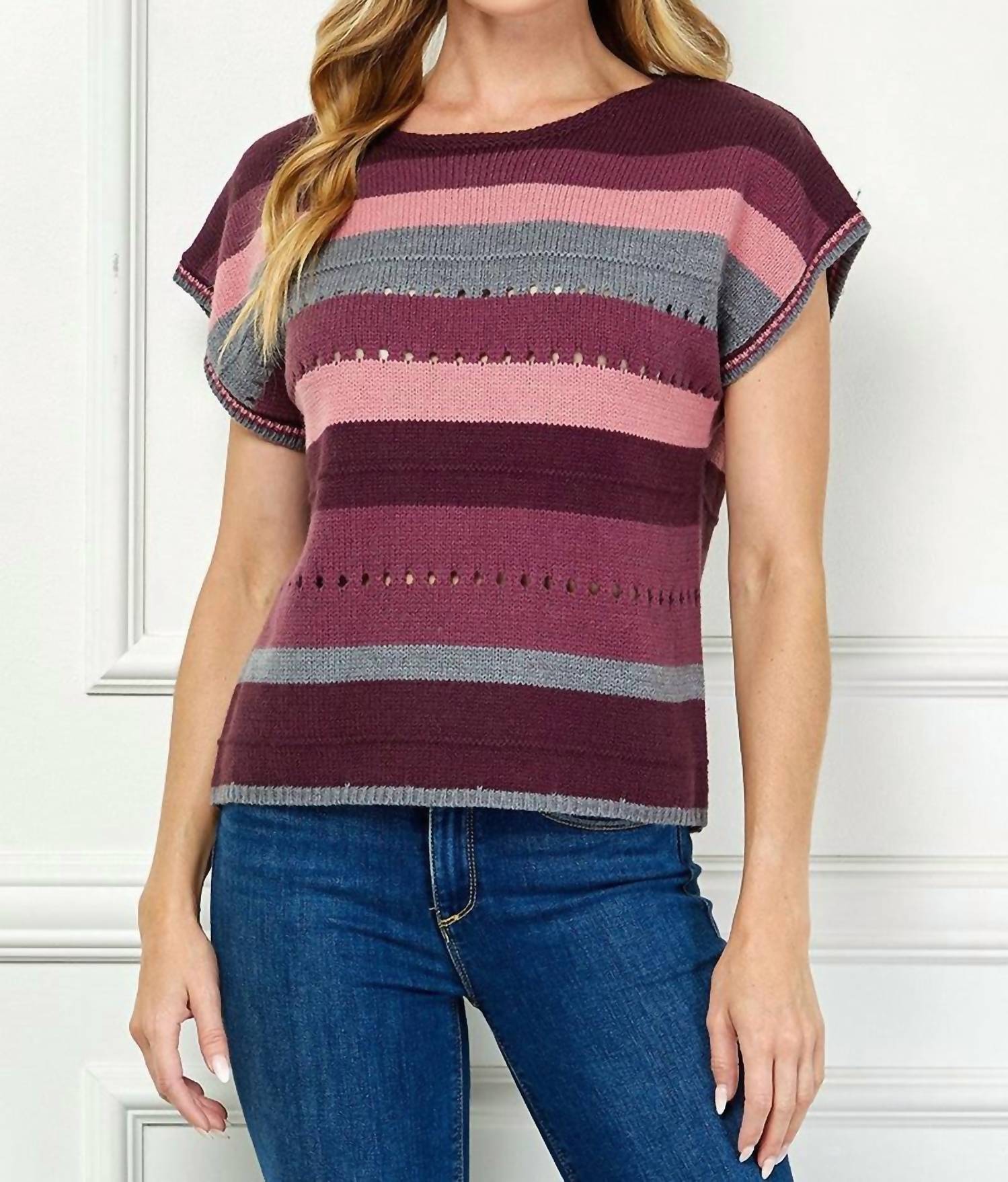 SEE AND BE SEEN Multi Color Striped Sweater Top in burgundy - women's t-shirt