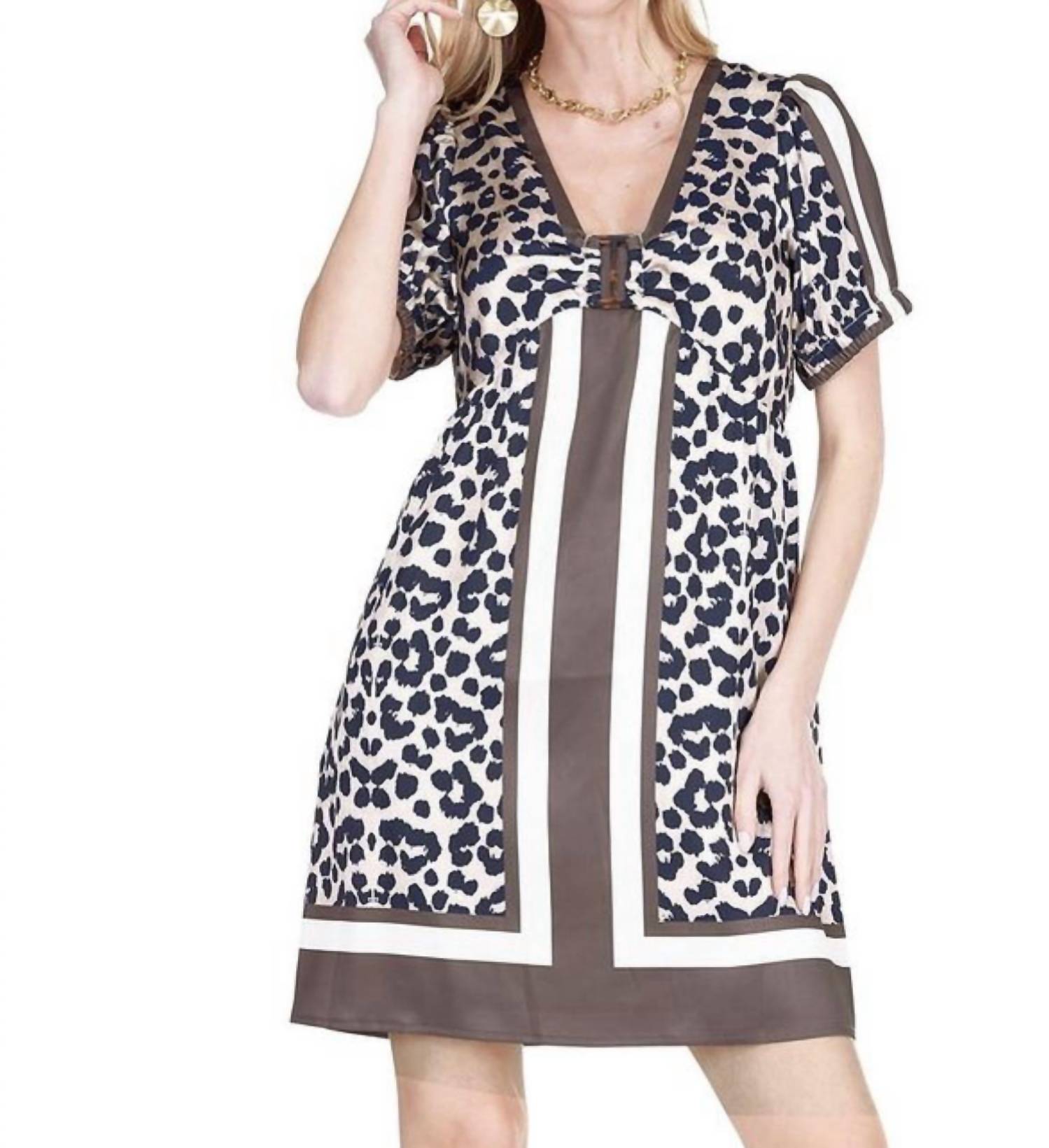 Joy Joy V-neck ring dress in leopard border - women's dress