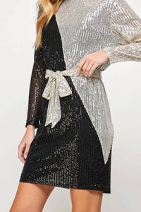 See And Be Seen - Sequins Color Blocked Long Sleeve Dress