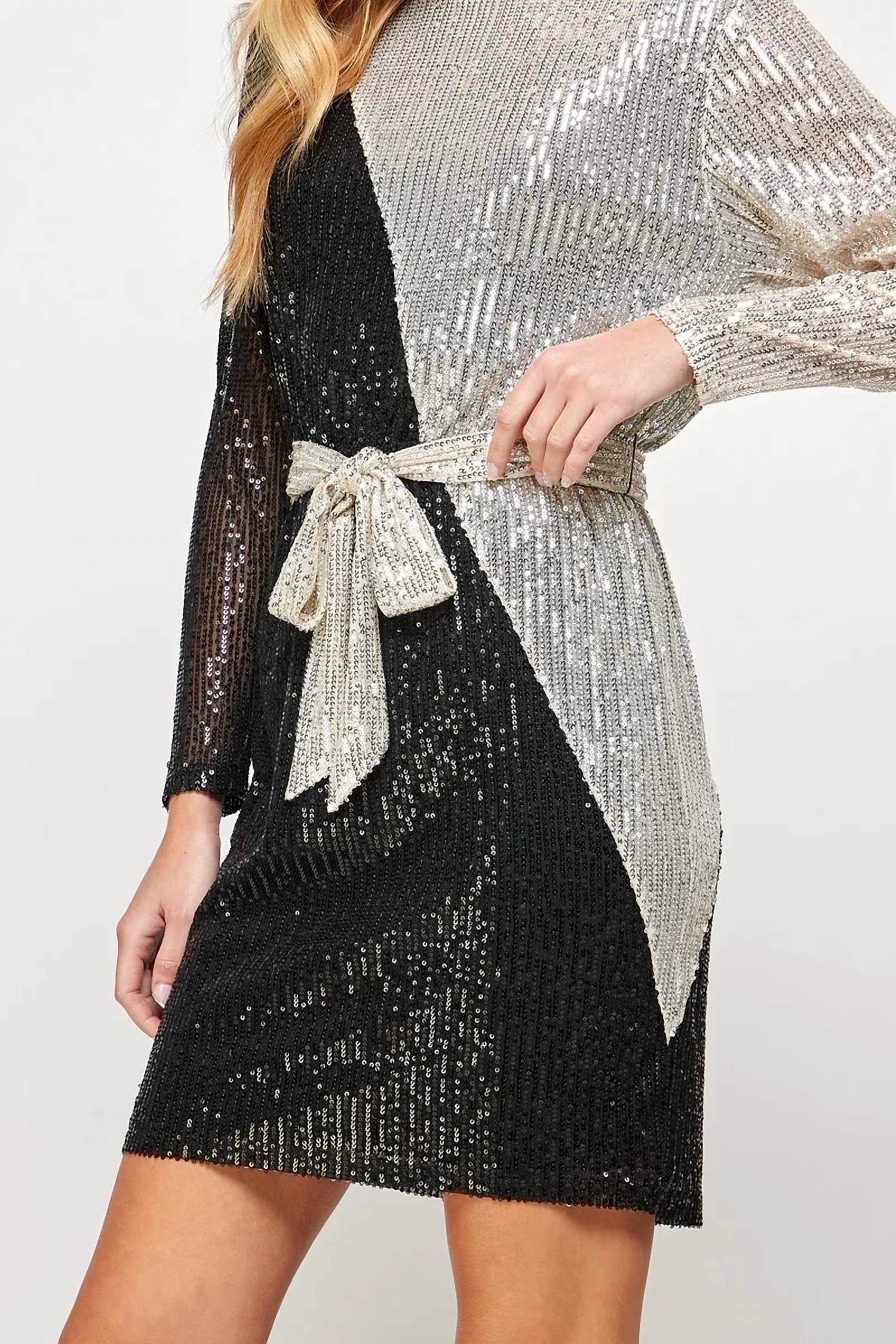 See And Be Seen - Sequins Color Blocked Long Sleeve Dress