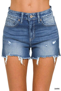 Zenana - Raw Frayed Hem Cutoff Side Slit Denim Shorts