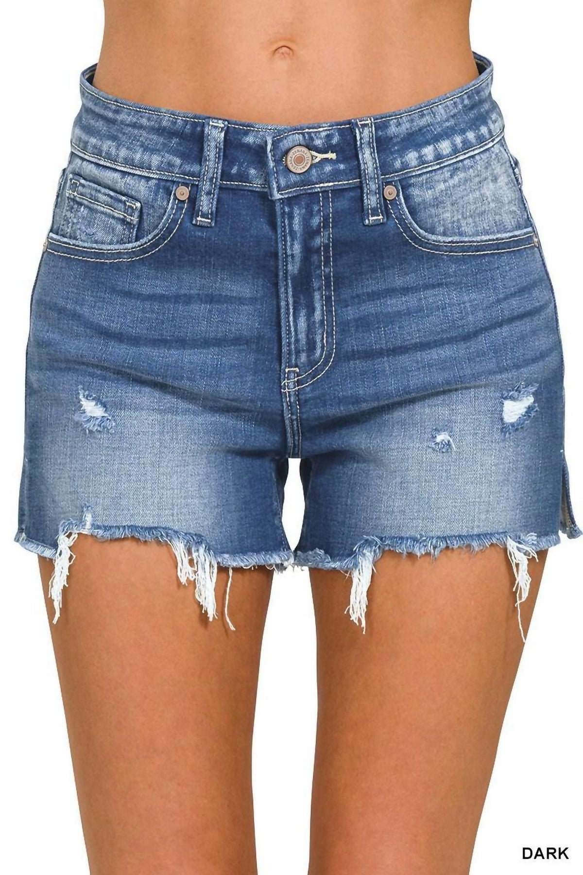 Zenana - Raw Frayed Hem Cutoff Side Slit Denim Shorts