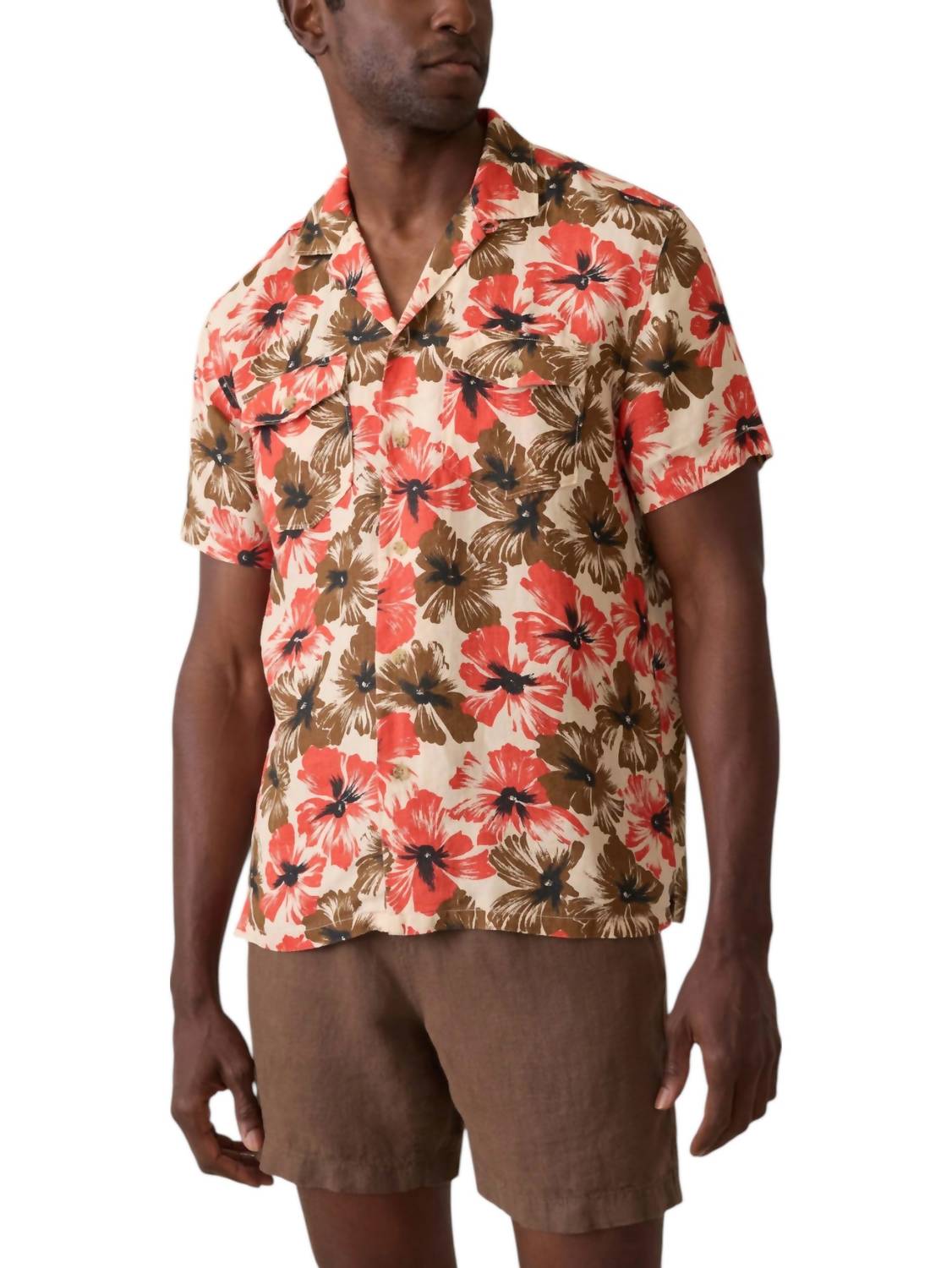Faherty Short Sleeve Reserve Basque Camp Shirt in wildwood poppy - men's shirt - detail view