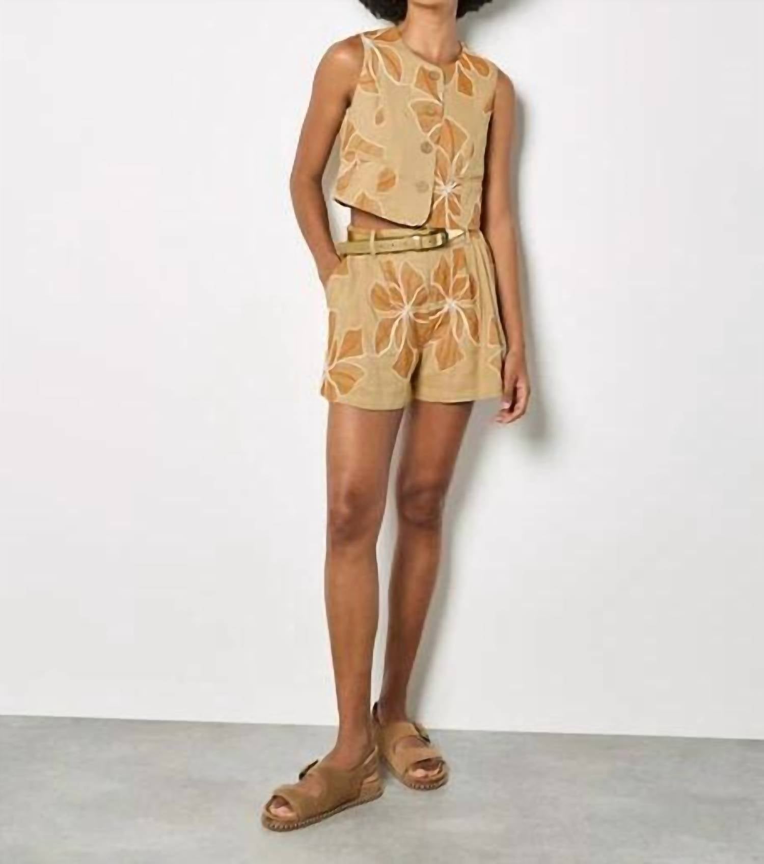 Apricot - Embroidered Floral Shorts