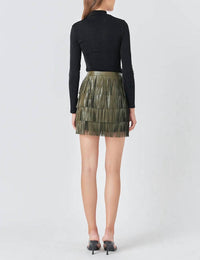 endless rose Leather Fringe Mini Skirt in olive - women's skirt - detail view