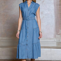 Current Air - Tiered Buckle Belt Button Down Midi Dress