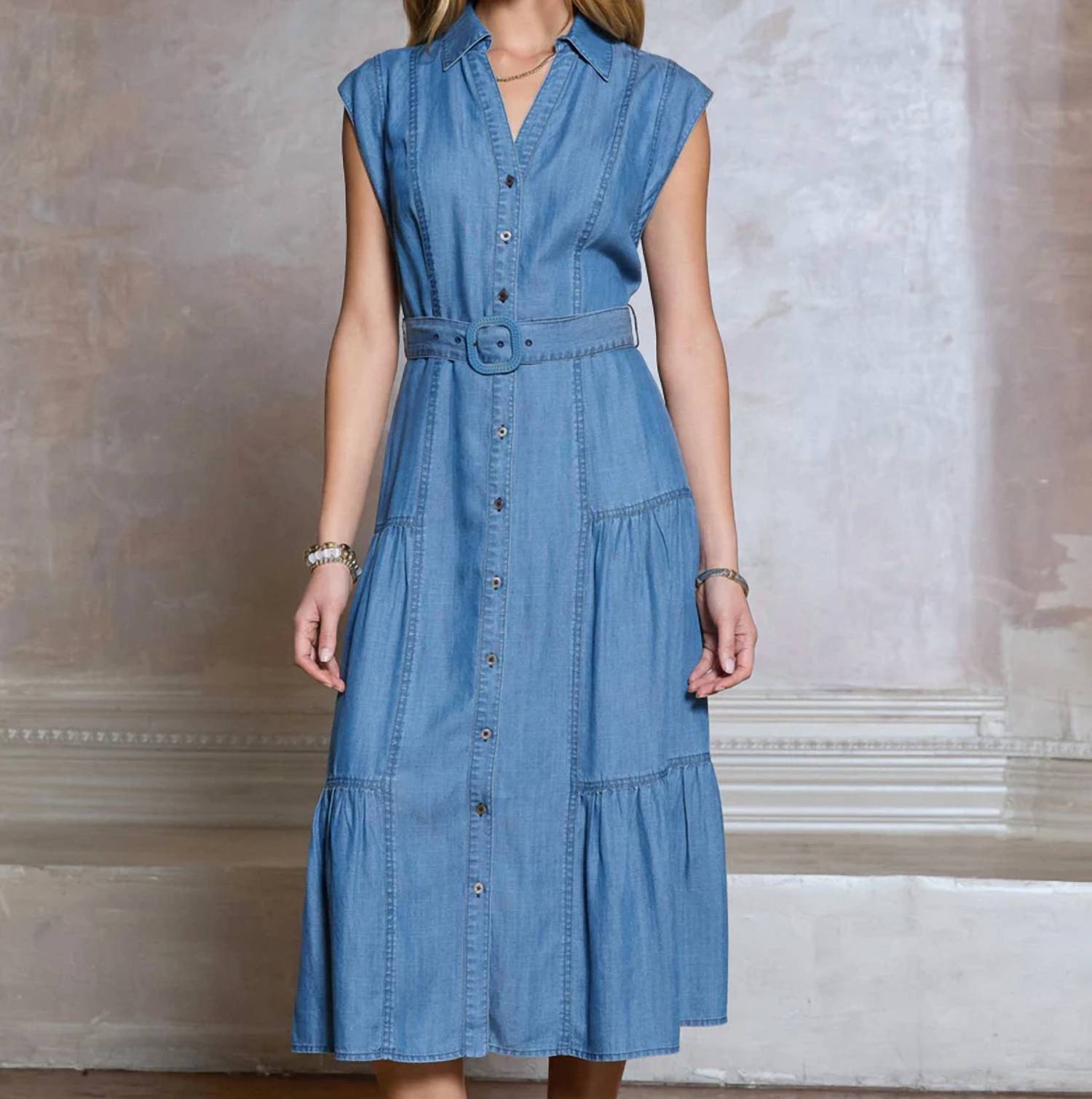 Current Air - Tiered Buckle Belt Button Down Midi Dress