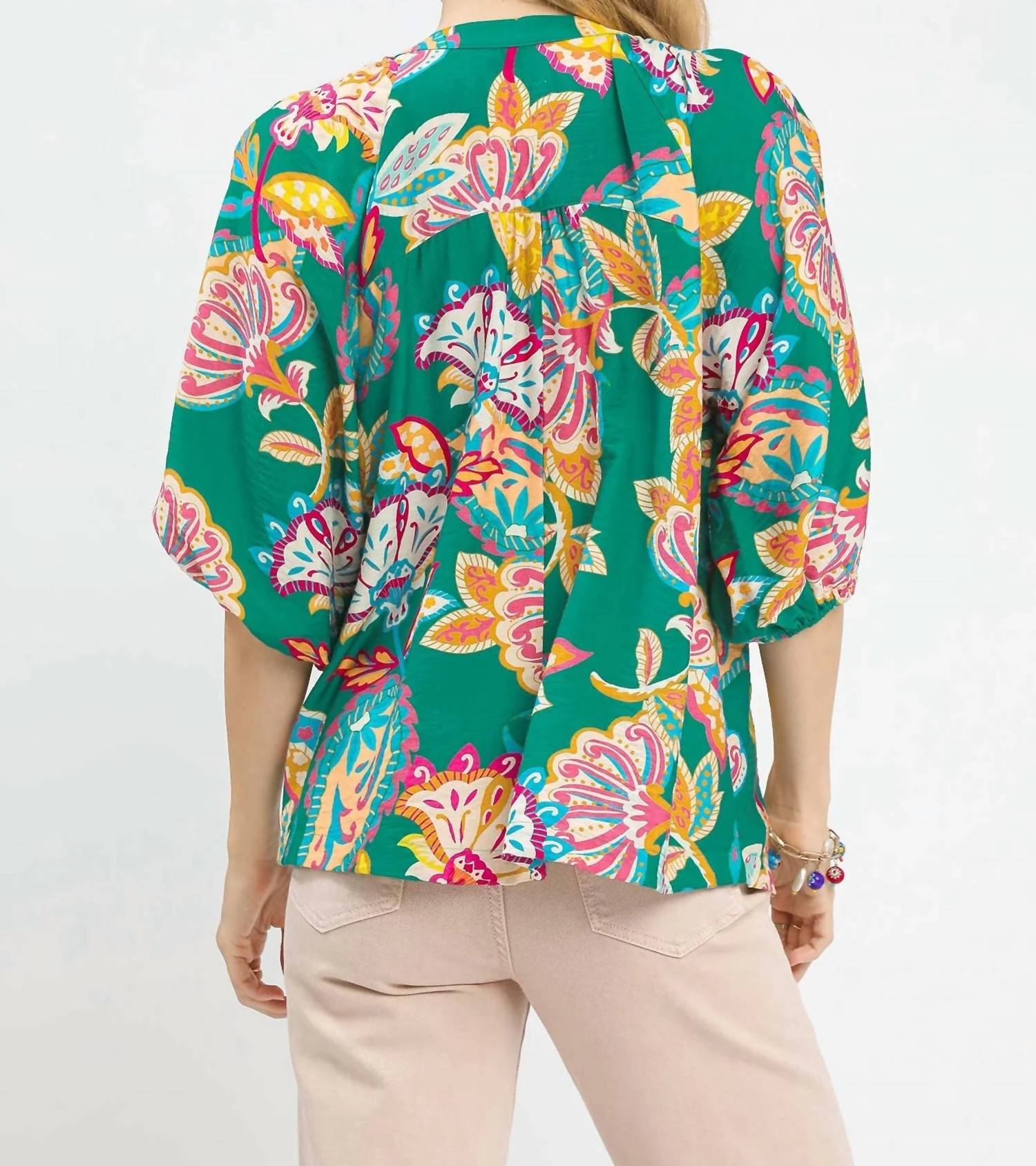 Umgee - Paisley Print V-neck Half Button Down Top