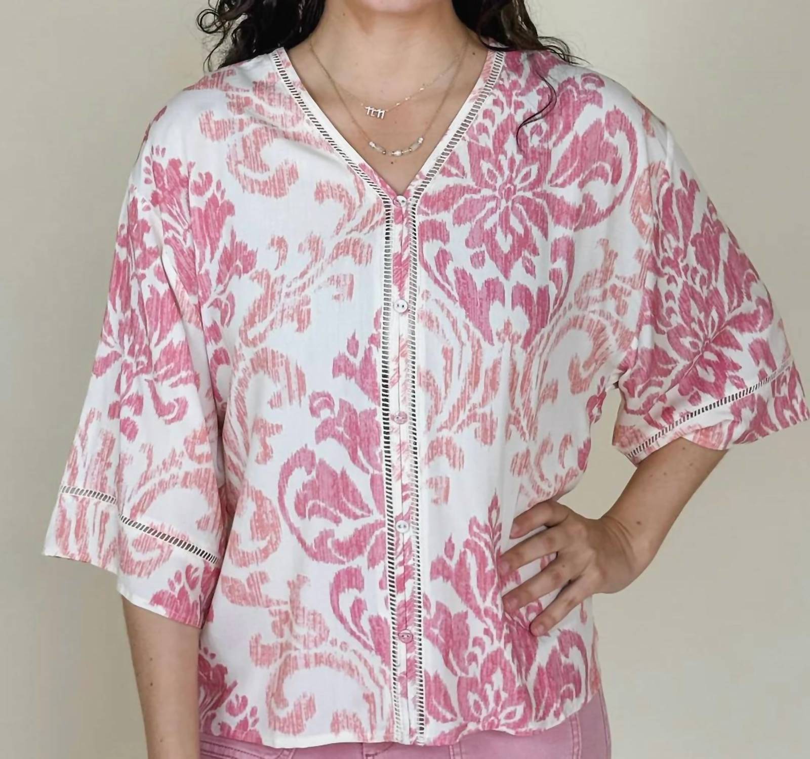 Charlie B - Printed Wide Elbow Sleeve V-neck Blouse