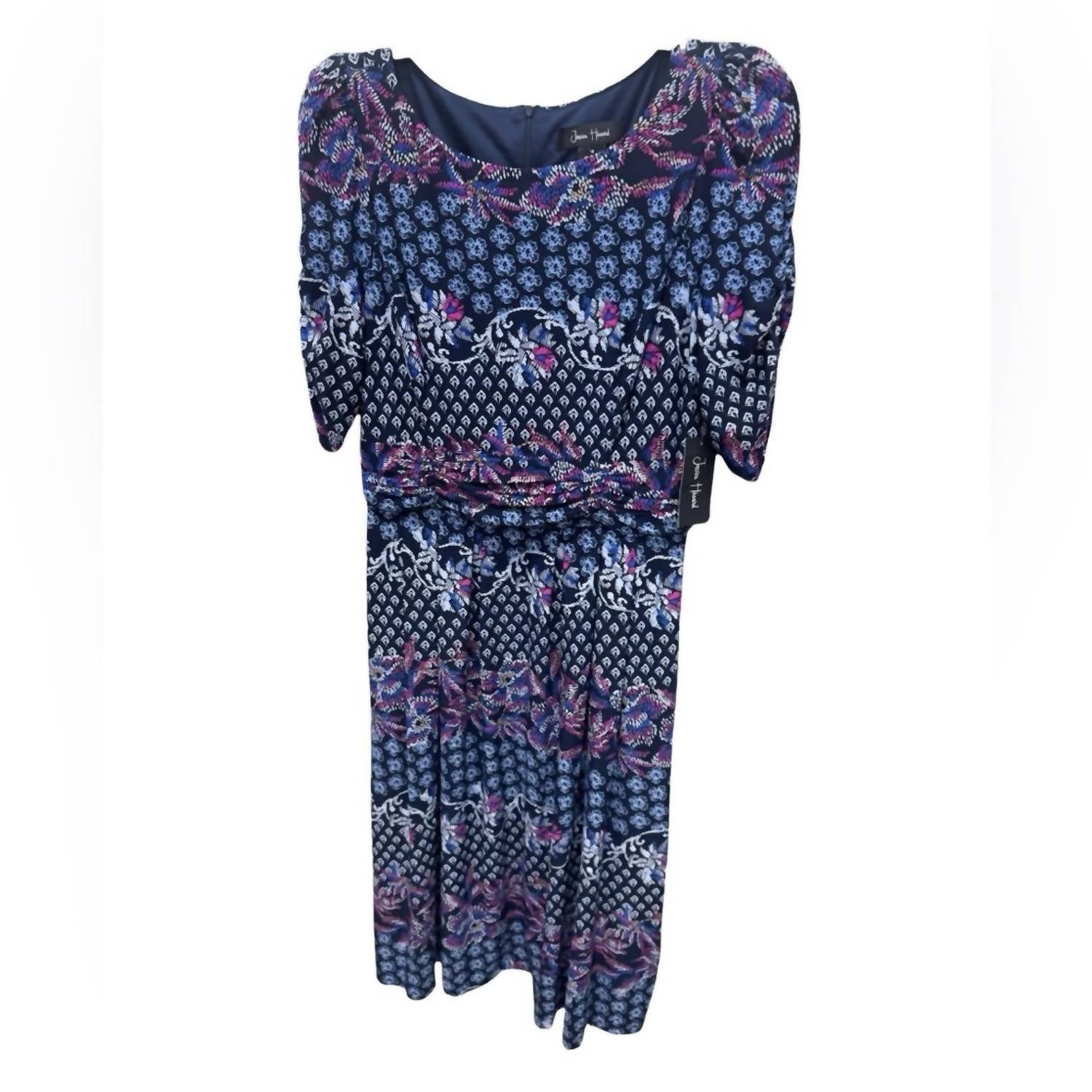 Jessica Howard Printed Ruched-sleeve Midi Dress in navy pink - women's dress - view 4