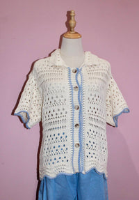 Aaron & Amber Button Down Wave Trim Collared Sweater in cream - women's sweater - detail view