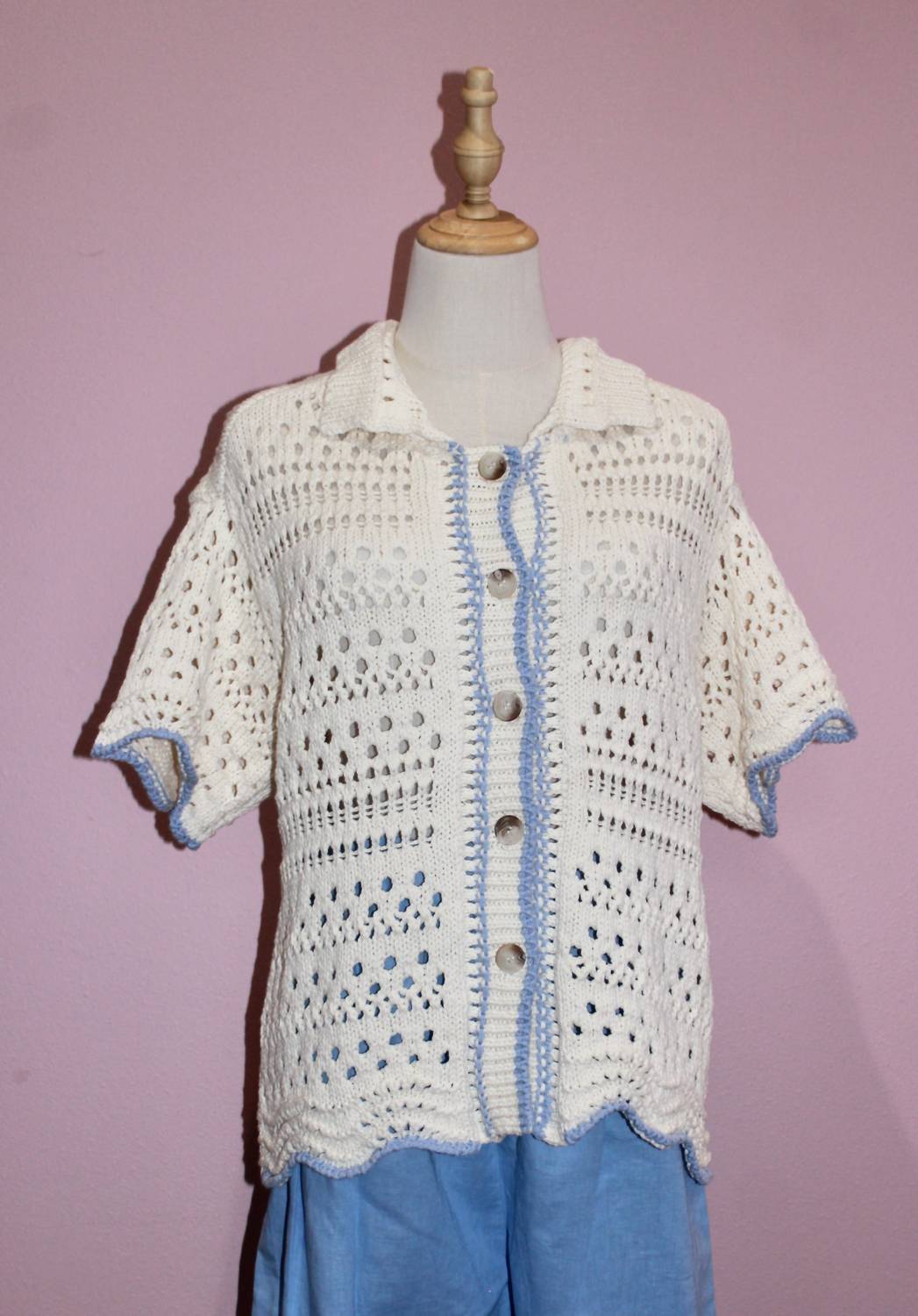 Aaron & Amber Button Down Wave Trim Collared Sweater in cream - women's sweater - detail view