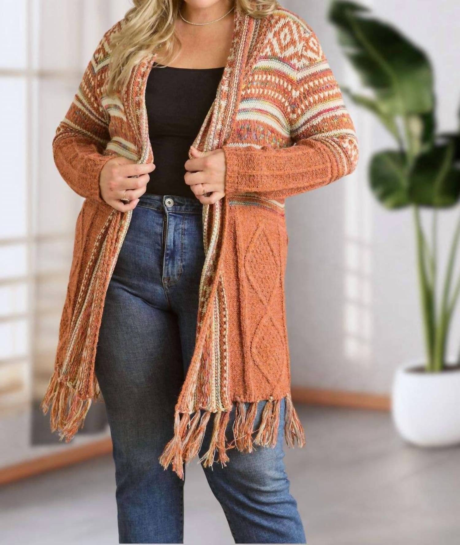 Adora - Maya Fringe Hem Aztec Cardigan -plus