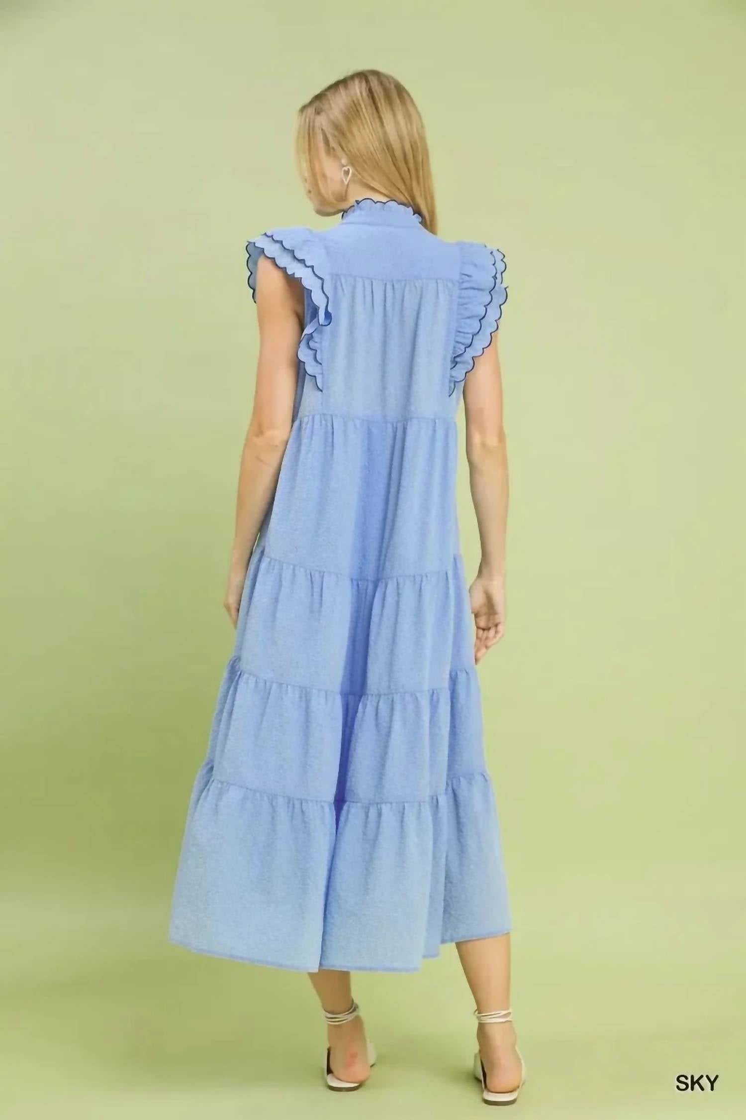 Umgee - Seersucker Ruffle Sleeve Tiered Midi Dress