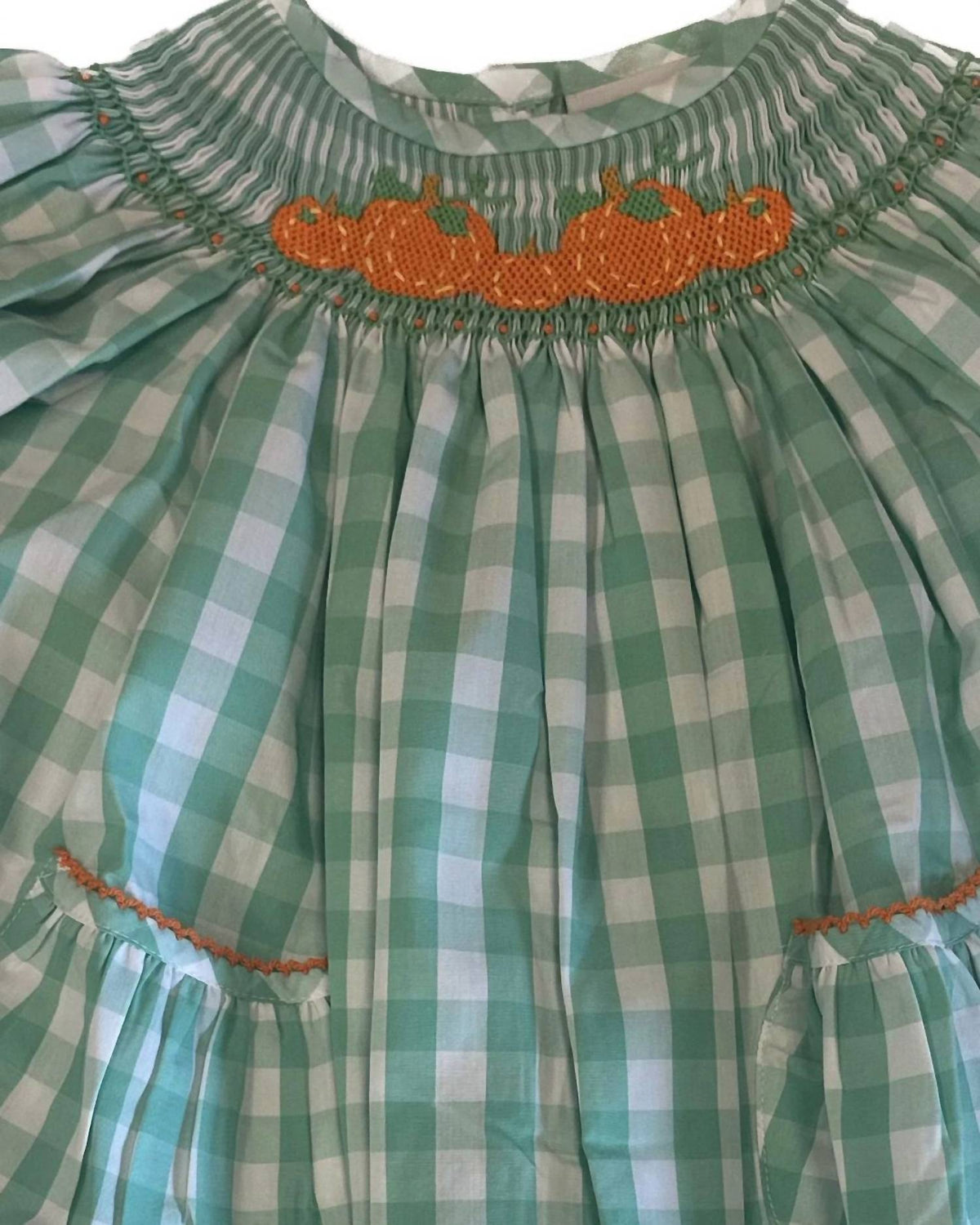 Delaney - Girl's Pumpkin Check Gingham Bishop Dress