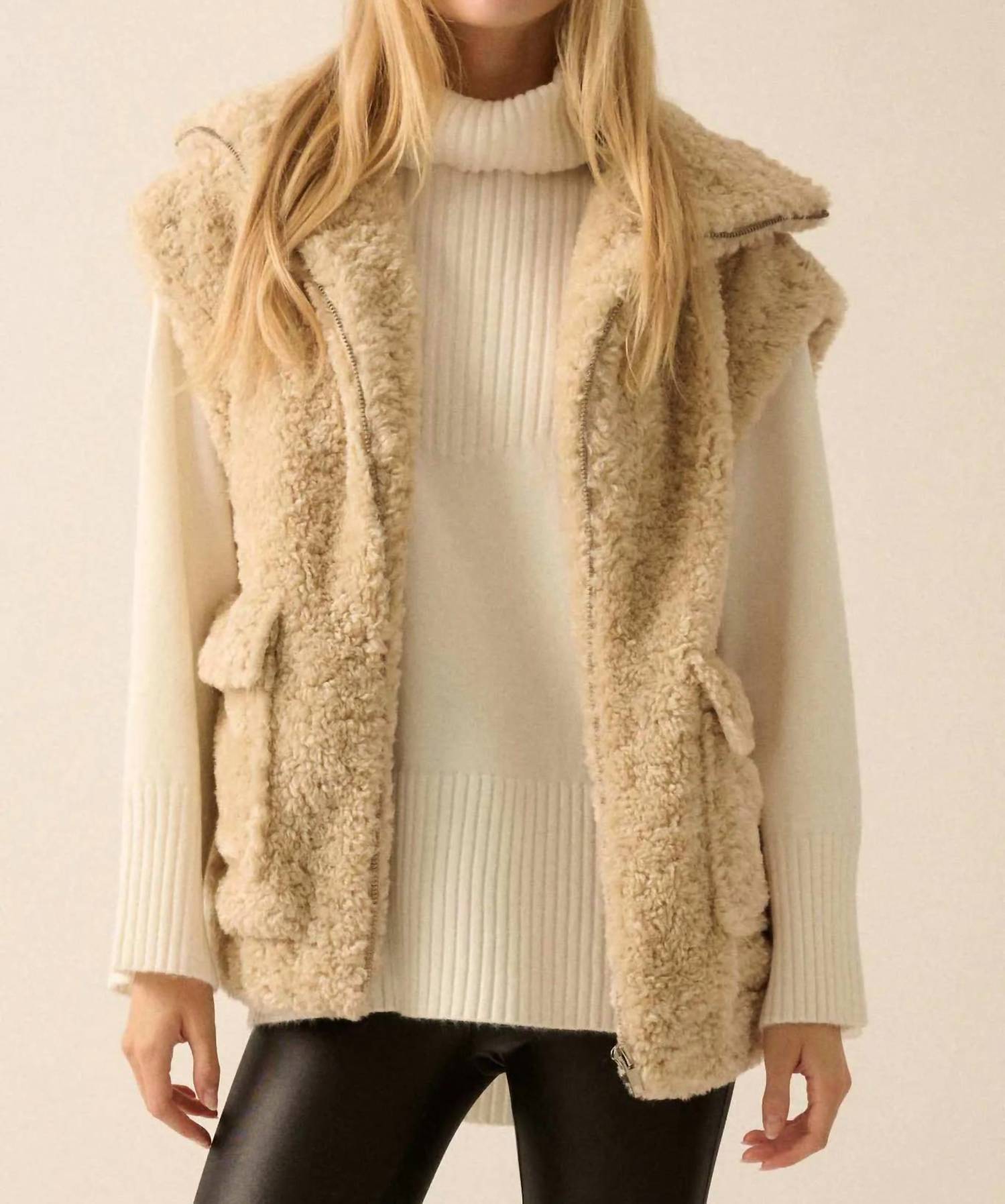 PROMESA Solid Faux Fur Zip Up Vest in oatmeal - women's jacket