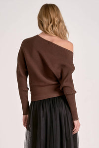 ELAN Ribbed Off-the-shoulder Sweater in dark chocolate - women's sweater - detail view