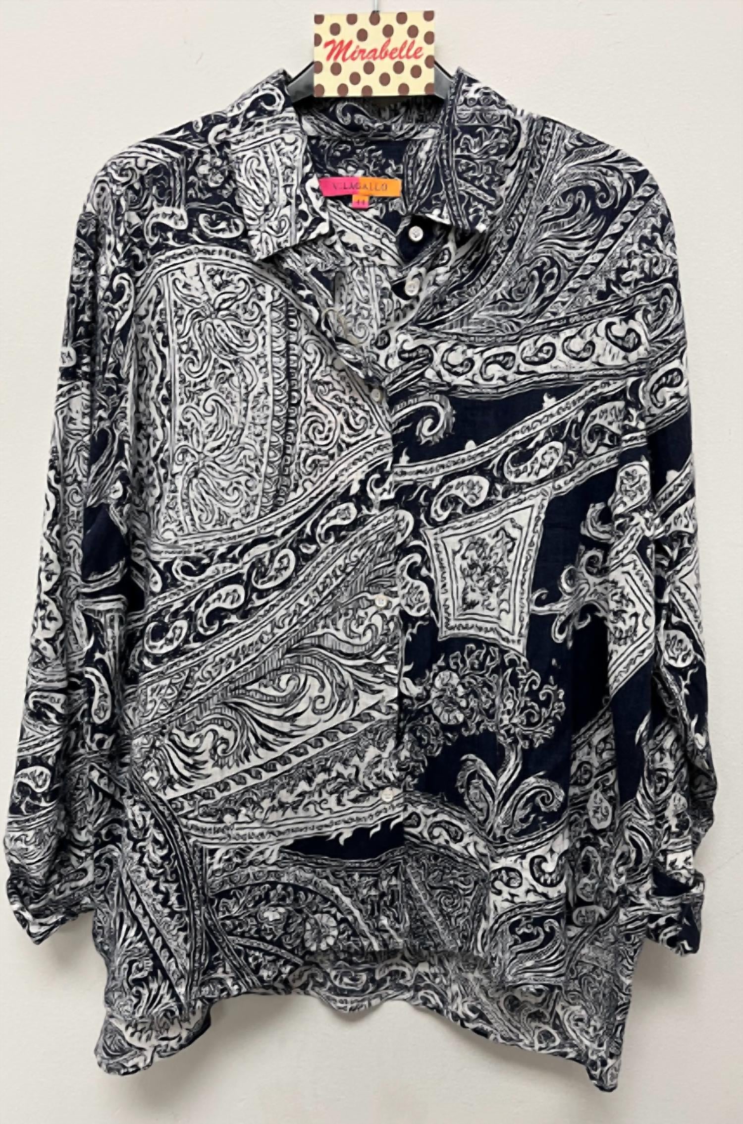 Vilagallo Women's Cotton Paisley Button-down Shirt in navy blue white - women's shirt