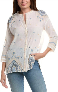 Johnny Was SLIM AUDREY MANDARIN 3/4 TUNIC in white - women's shirt - detail view