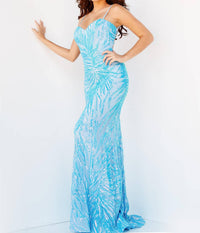 JOVANI Embellished Tie Back Dress in iridescent blue - women's dress - detail view