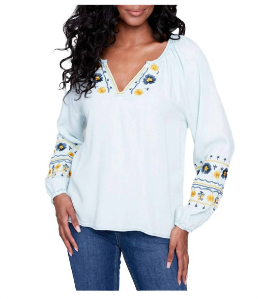 Charlie B - Embroidered Tencel Long Sleeve V-Neck Blouse