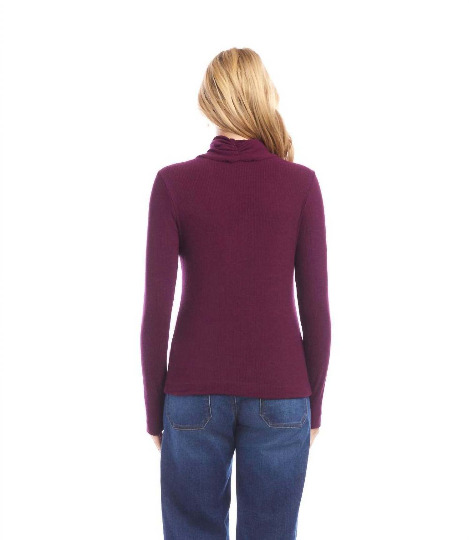 Karen Kane Ribbed Faux Wrap Turtleneck Top in eggplant - women's long sleeve top - alternate view