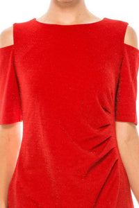 Ile Clothing - Side Pleat Cold Shoulder Sheath Dress