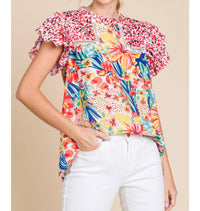 Jodifl - Floral Print Frilled Neck Ruffle Cap Sleeve Top