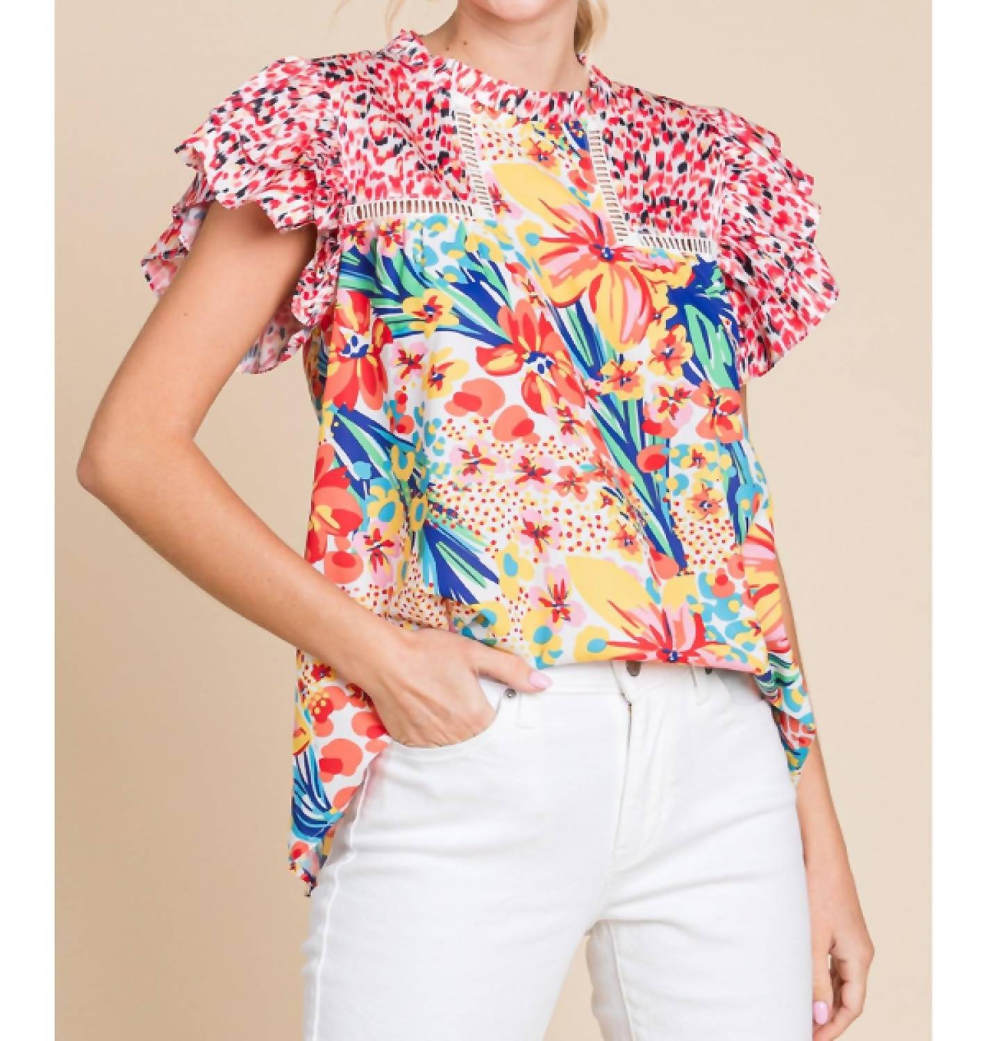 Jodifl - Floral Print Frilled Neck Ruffle Cap Sleeve Top