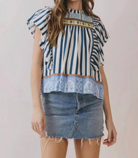 Tcec - Striped Border Print Ruffled Detail Top