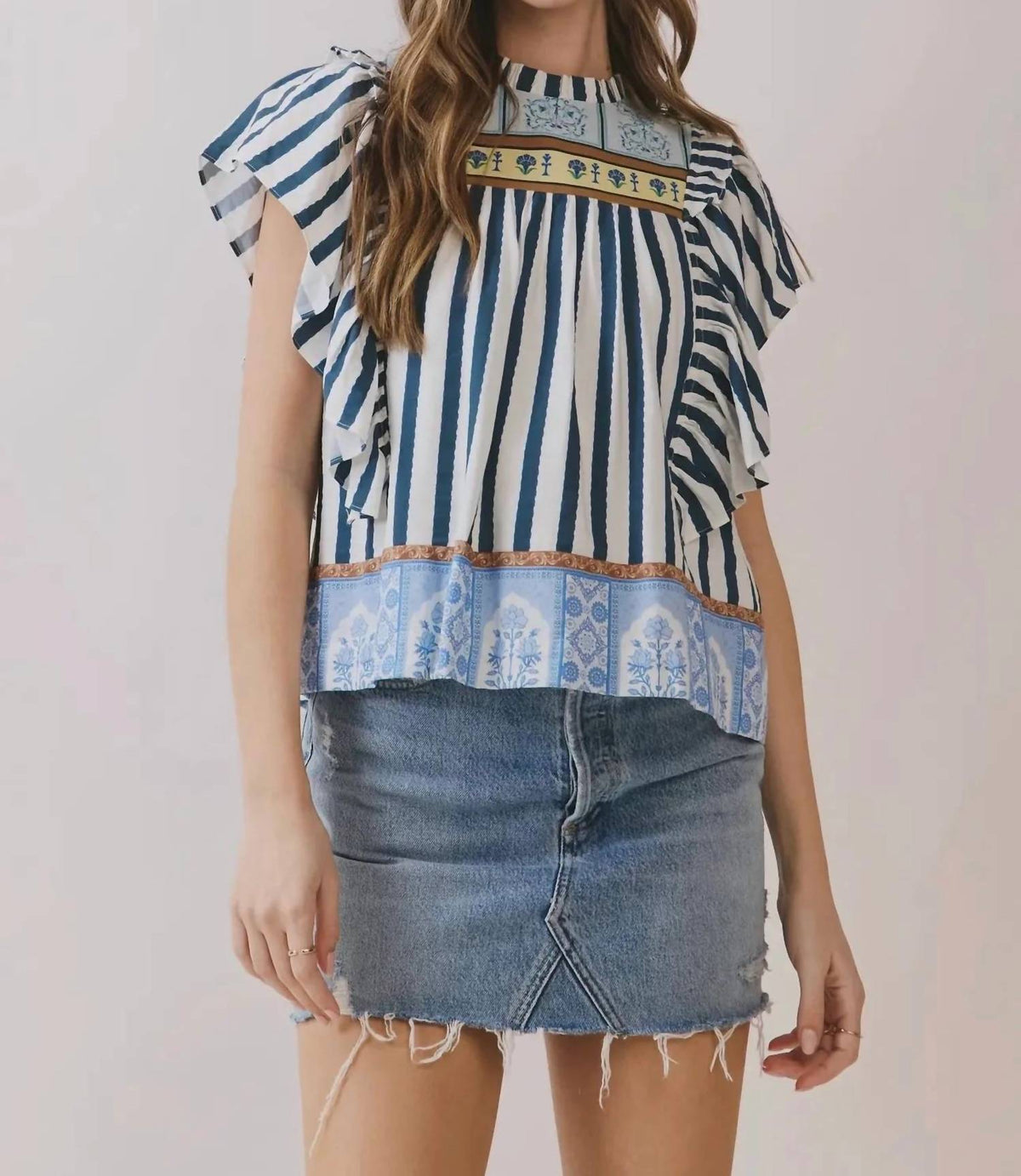 Tcec - Striped Border Print Ruffled Detail Top