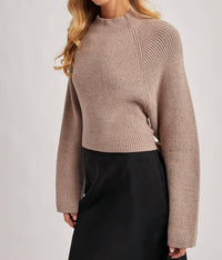 Bluivy - Mock Neck Open Back Ribbed Knit Tie Sweater Top