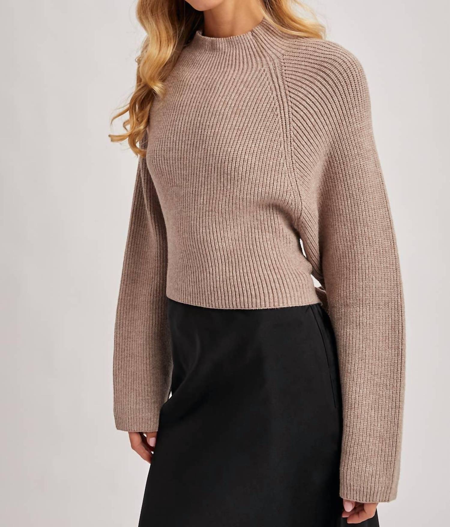 Bluivy - Mock Neck Open Back Ribbed Knit Tie Sweater Top