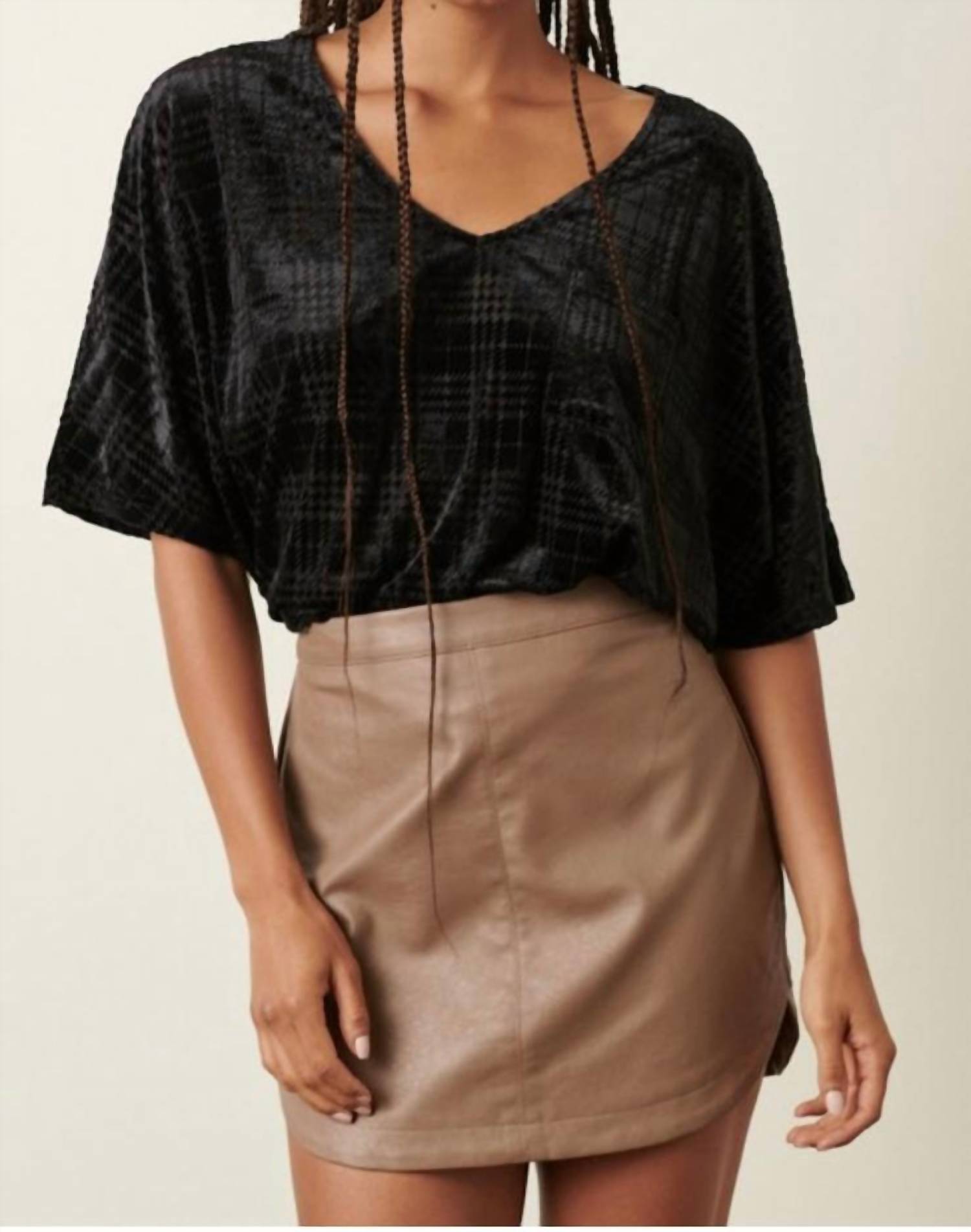 Mittoshop - Plaid Velvet Burnout V-neck Top - Plus
