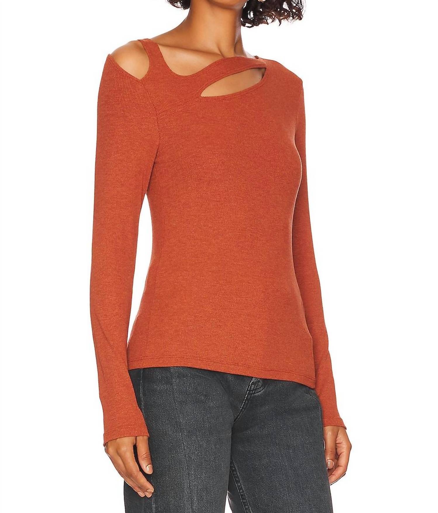 LNA Luan Ribbed Top in cinnabar - women's long sleeve top - detail view