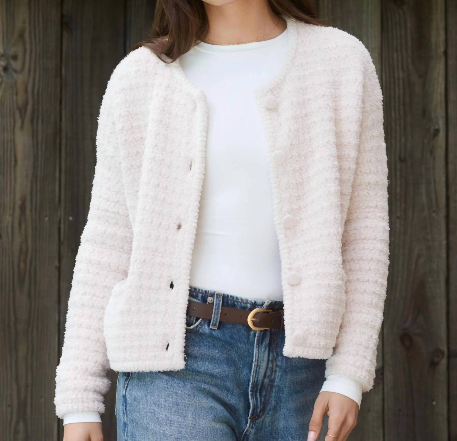 BAREFOOT DREAMS CozyChic Textured Button Front Cardigan in sand dune - women's cardigan - alternate view