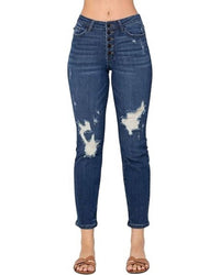 Judy Blue High Waisted Distressed Jeans in blue - women's jeans - detail view