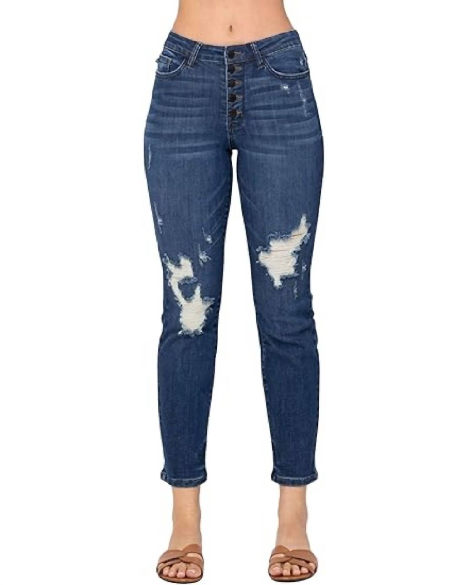 Judy Blue High Waisted Distressed Jeans in blue - women's jeans - detail view