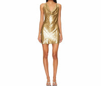 My Beachy Side Draped Cowl Neck Mini Dress in gold shimmer - women's dress