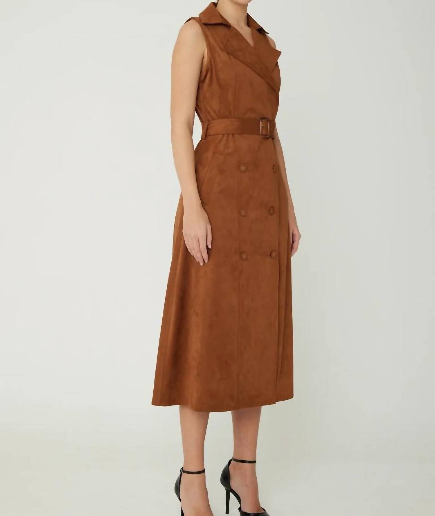 js71 Mae Ultra Suede Long Dress in cognac - women's dress - detail view
