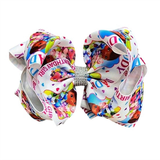 Kids Charm - Girls Birthday Print Hair Bow with Rhinestone Center