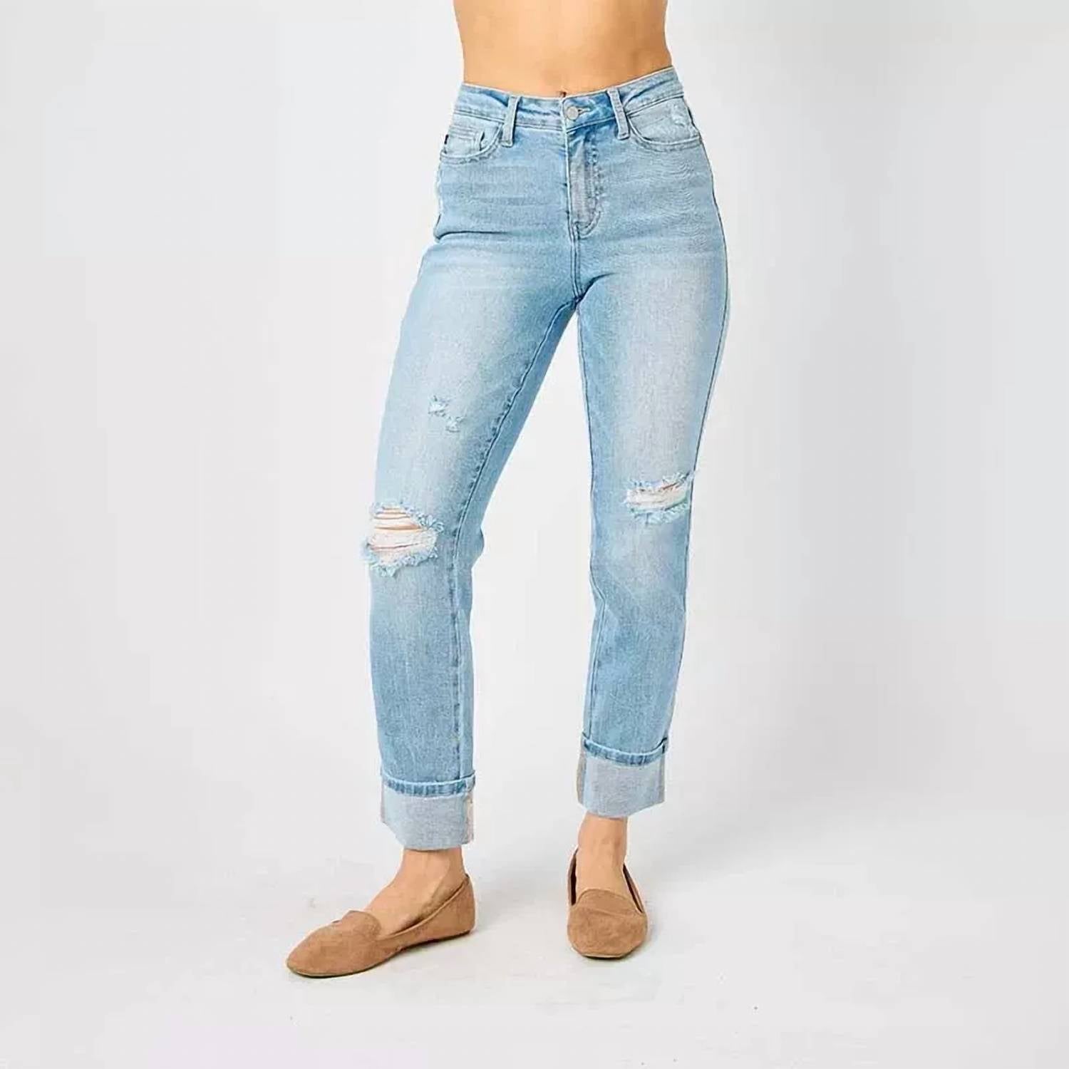 Judy Blue Star Bright Boyfriend Jeans in light wash blue - women's jeans - view 5